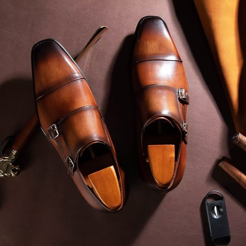 Formelle Sko Herre Slip-on Monkstraps I Raffinert Skinn - Kaffe