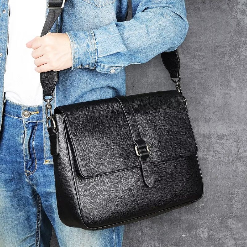 Herre Skuldervesker Luksus Ekte Skinn Crossbody-veske Med Klaff - Svart