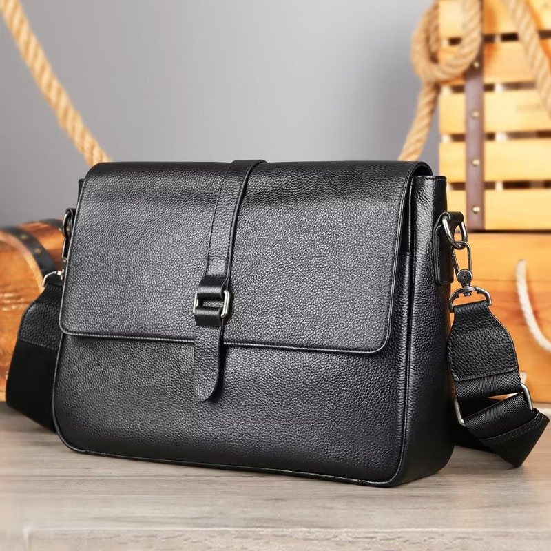 Herre Skuldervesker Luksus Ekte Skinn Crossbody-veske Med Klaff - Svart