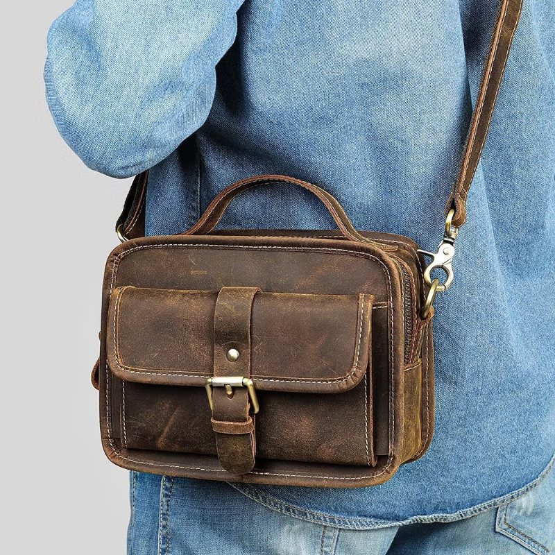 Herre Skuldervesker Luksus Ekte Skinn Flap Kompakt Crossbody Bag - Kaffe