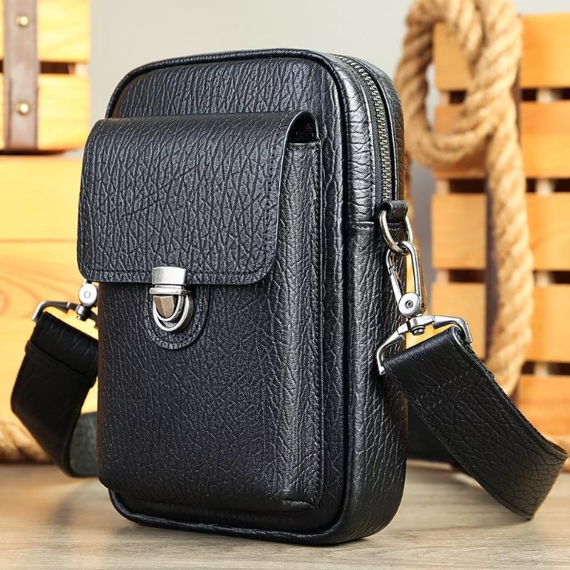 Herre Skuldervesker Luksus Ekte Skinn Klaff Vintage Crossbody Bag - Svart