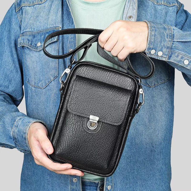 Herre Skuldervesker Luksus Ekte Skinn Klaff Vintage Crossbody Bag - Svart