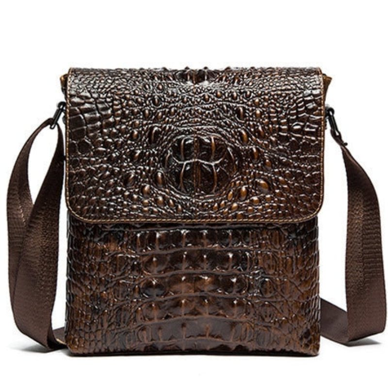 Herre Skuldervesker Luksus Krokodilleskinn Klaff Glidelås Crossbody Messenger-veske - Kaffe 2