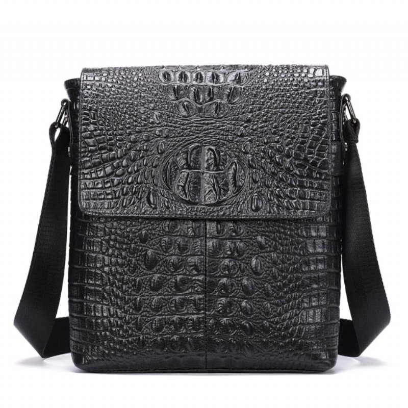 Herre Skuldervesker Luksus Krokodilleskinn Klaff Glidelås Crossbody Messenger-veske - Sort 2