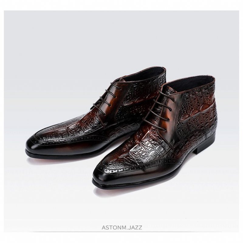 Herrestøvler Croc Texture Brogue-støvler Med Snøring - Kaffe