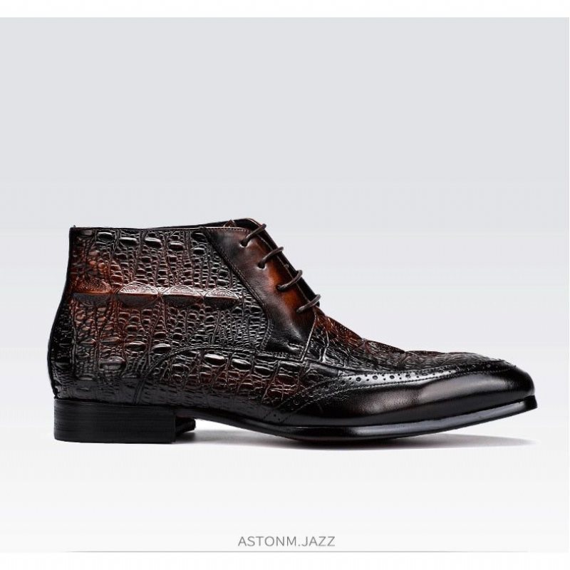 Herrestøvler Croc Texture Brogue-støvler Med Snøring - Kaffe