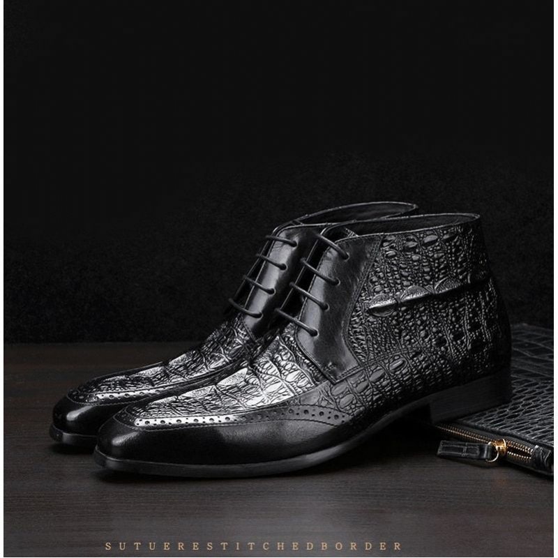 Herrestøvler Croc Texture Brogue-støvler Med Snøring - Sort