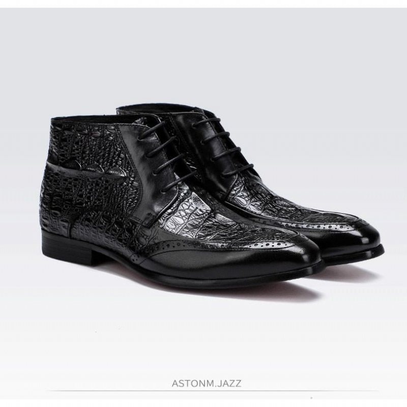 Herrestøvler Croc Texture Brogue-støvler Med Snøring - Sort