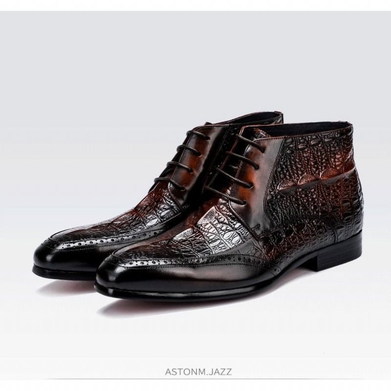 Herrestøvler Croc Texture Brogue-støvler Med Snøring - Kaffe