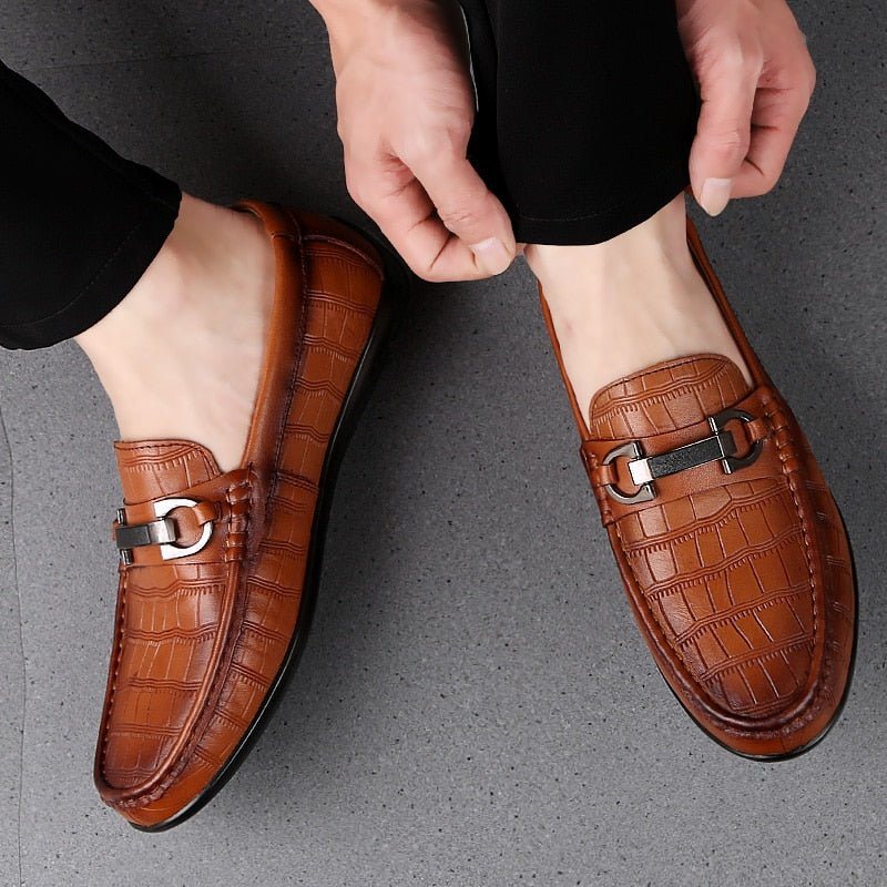 Loafers Herre Exotic Chic Crocodile Leather Pustende Driving - Kaffe