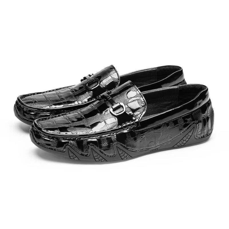 Menns Loafers Eksotiske Crocodile Leather Slip On Metal Toe - Svart