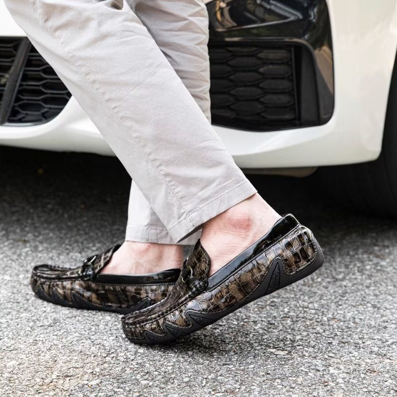 Menns Loafers Eksotiske Crocodile Leather Slip On Metal Toe - Kaffe