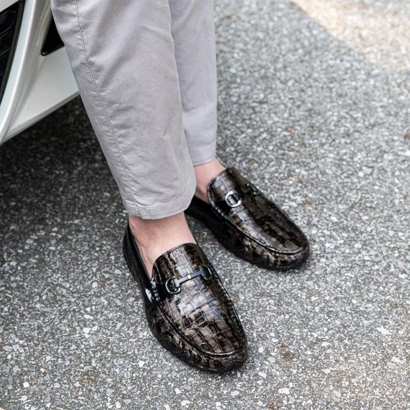 Menns Loafers Eksotiske Crocodile Leather Slip On Metal Toe - Kaffe