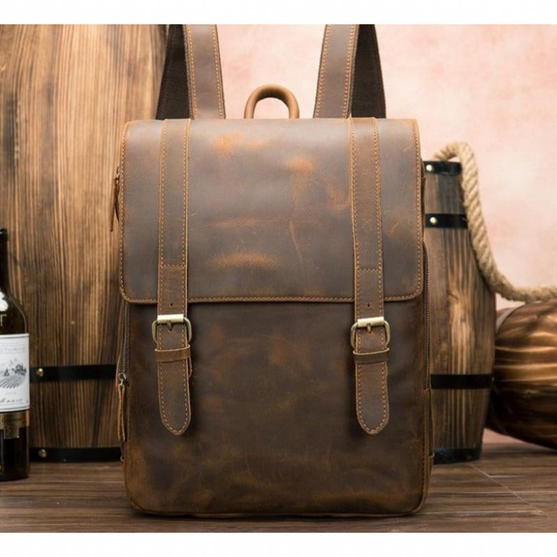 Ryggsekker Herre Vintage Luxury Air Cushion Leather Backpack - Kaffe