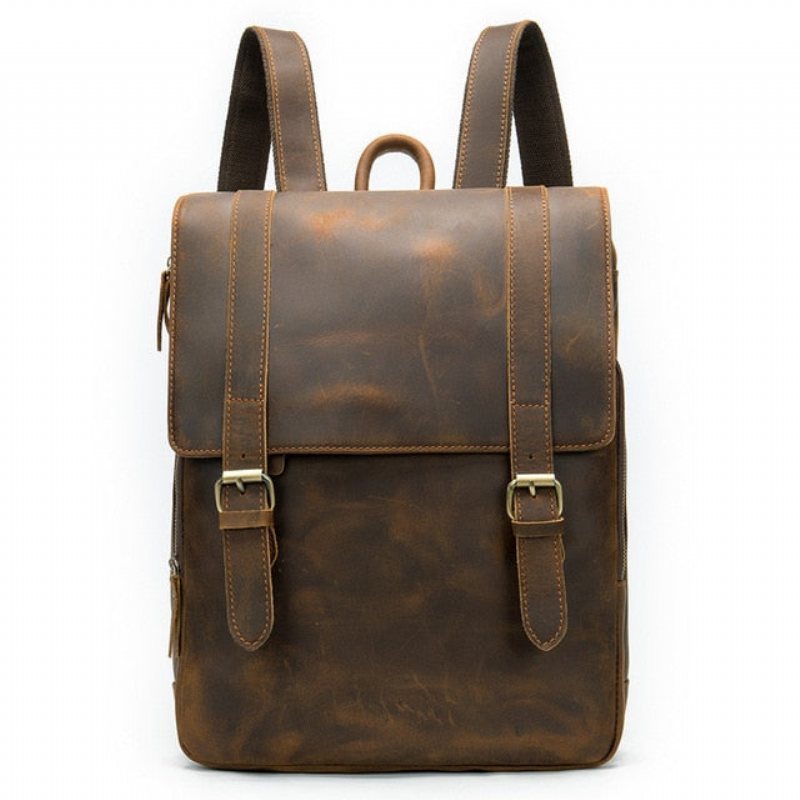 Ryggsekker Herre Vintage Luxury Air Cushion Leather Backpack - Kaffe