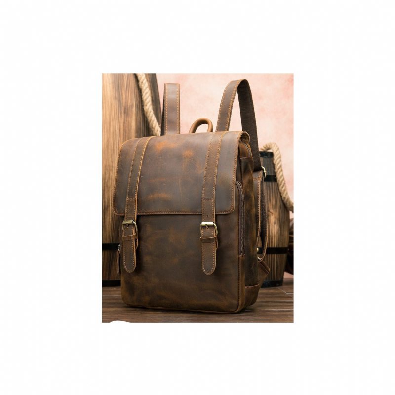 Ryggsekker Herre Vintage Luxury Air Cushion Leather Backpack - Kaffe