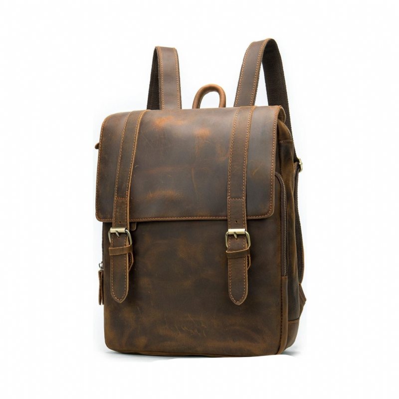 Ryggsekker Herre Vintage Luxury Air Cushion Leather Backpack - Kaffe