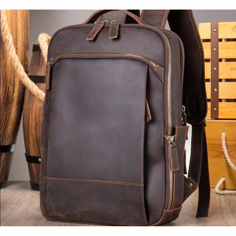 Ryggsekker Herre Vintage Luxury Leather Laptop Travel Daypack - Kaffe