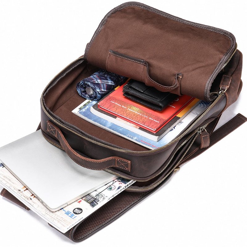 Ryggsekker Herre Vintage Luxury Leather Laptop Travel Daypack - Kaffe