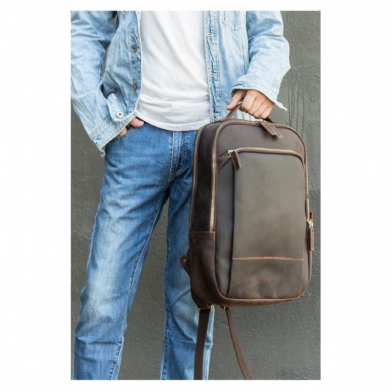 Ryggsekker Herre Vintage Luxury Leather Laptop Travel Daypack - Kaffe