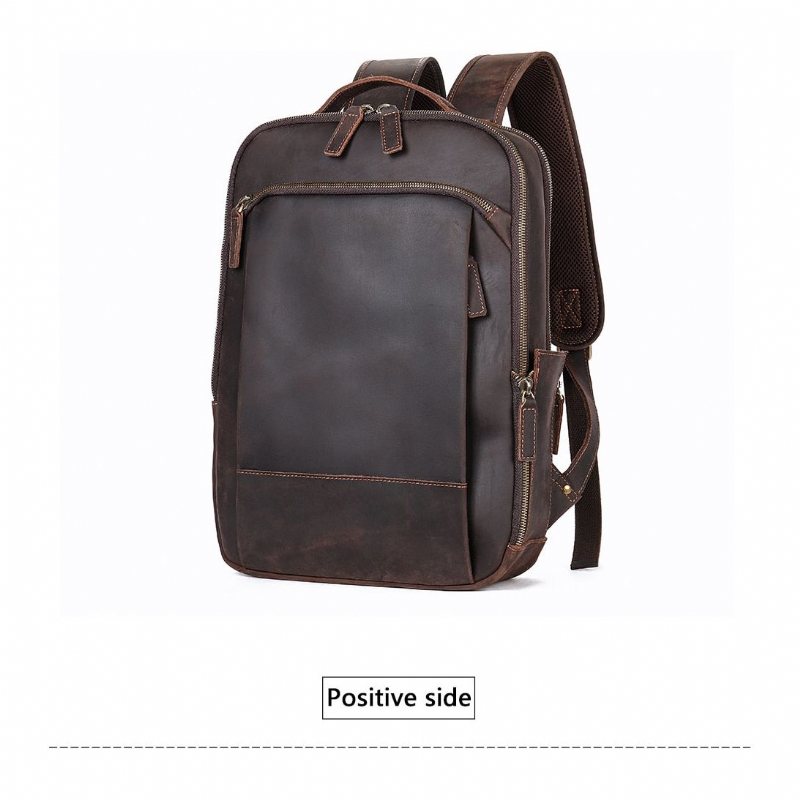 Ryggsekker Herre Vintage Luxury Leather Laptop Travel Daypack - Kaffe