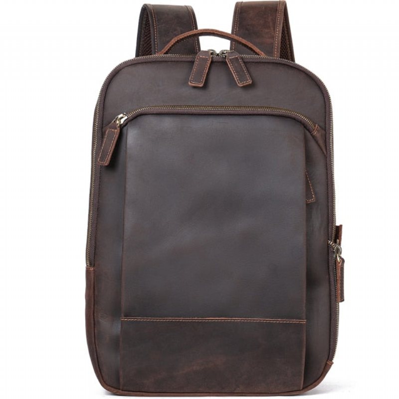 Ryggsekker Herre Vintage Luxury Leather Laptop Travel Daypack - Kaffe