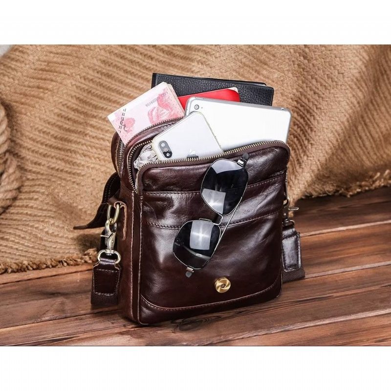 Skuldervesker Herre Luxury Crossbody Messenger-veske Crazy Horse Rugged Collection - Kaffe