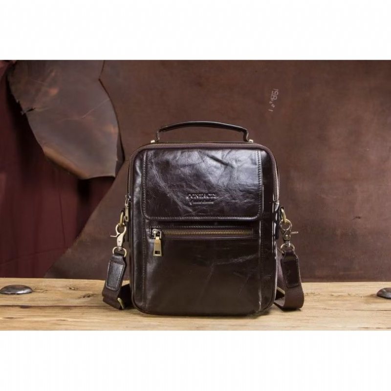 Skuldervesker Herre Luxury Crossbody Messenger-veske Crazy Horse Rugged Collection - Kaffe